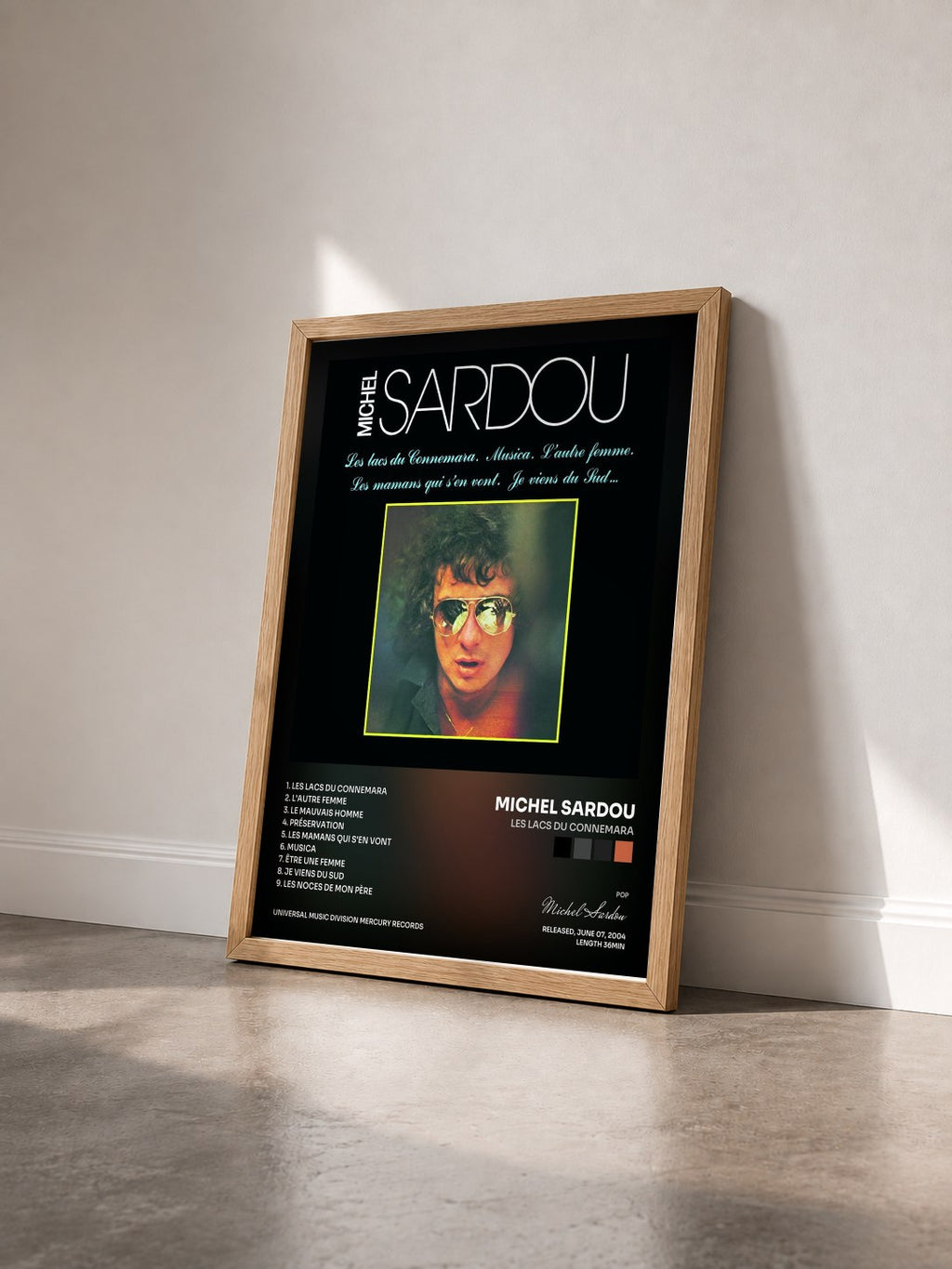 #bois Tableau de l'album Les Lacs Du Connemara de Michel Sardou vu de trois quarts, cadre en bois brut