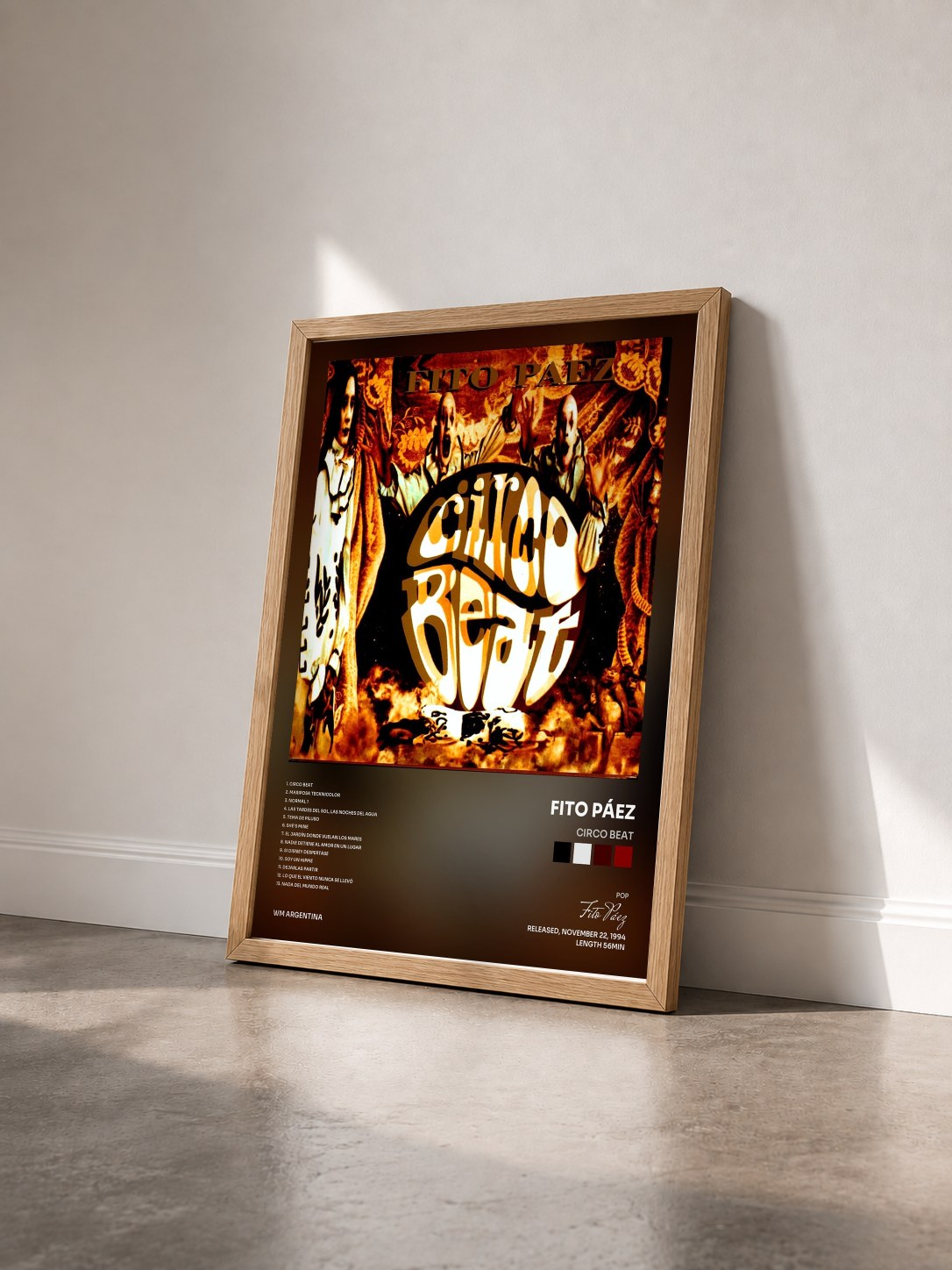 #bois Tableau de l'album Circo Beat de Fito Páez vu de trois quarts, cadre en bois brut