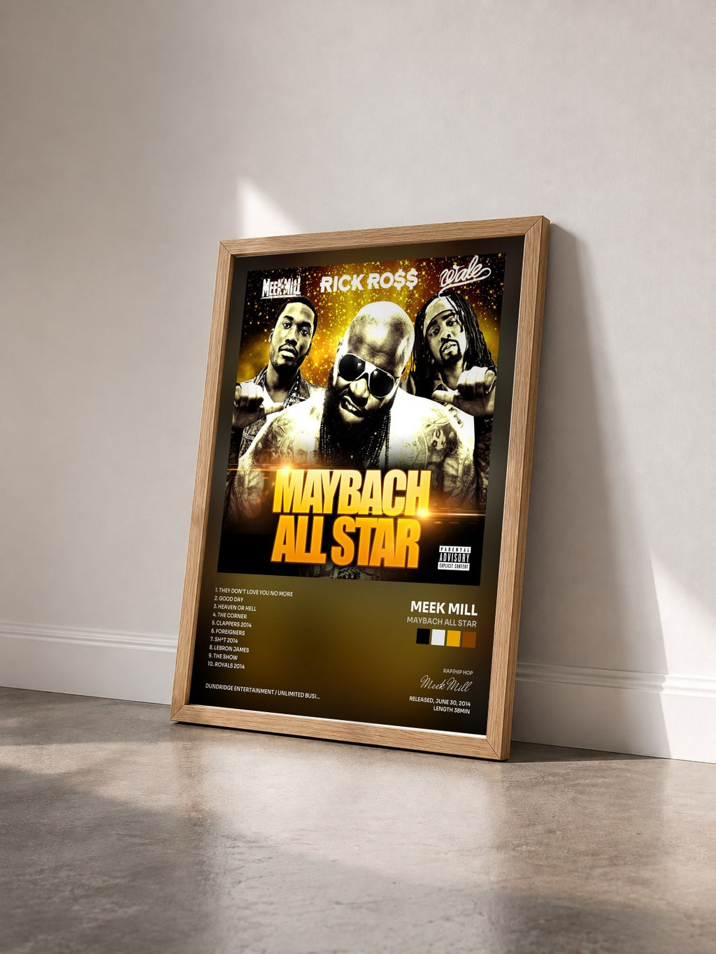 #bois Tableau de l'album Maybach All Star de Meek Mill vu de trois quarts, cadre en bois brut