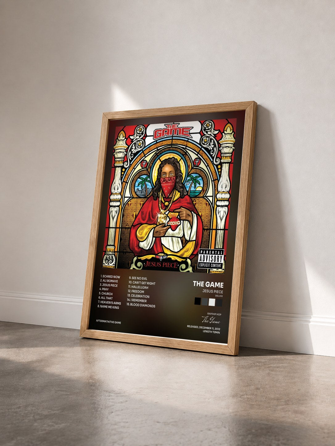 #bois Tableau de l'album Jesus Piece (Deluxe) de The Game vu de trois quarts, cadre en bois brut