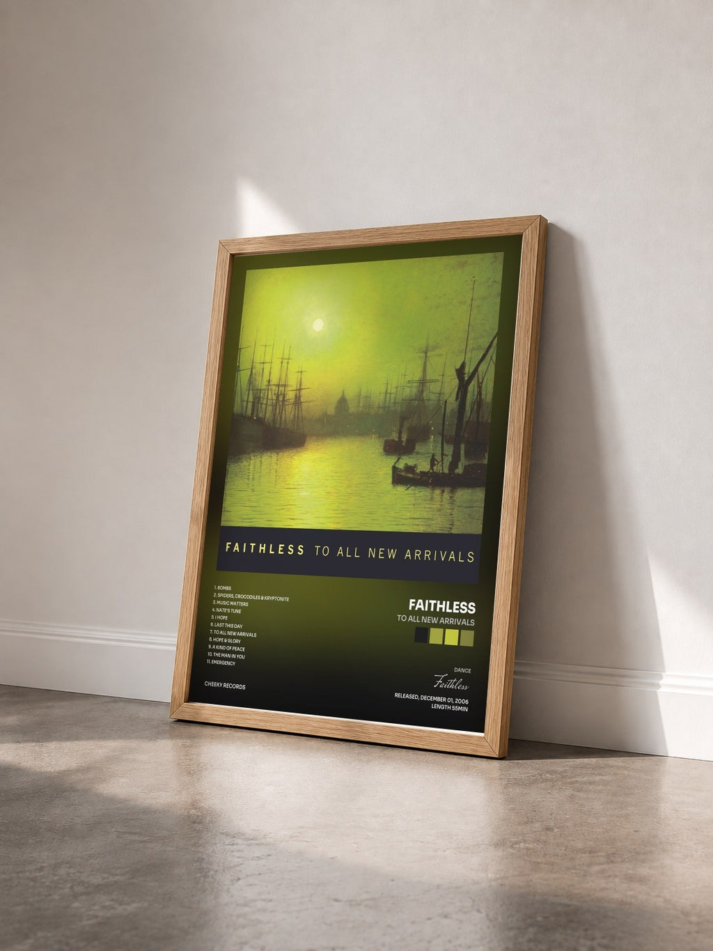 #bois Tableau de l'album To All New Arrivals de Faithless vu de trois quarts, cadre en bois brut