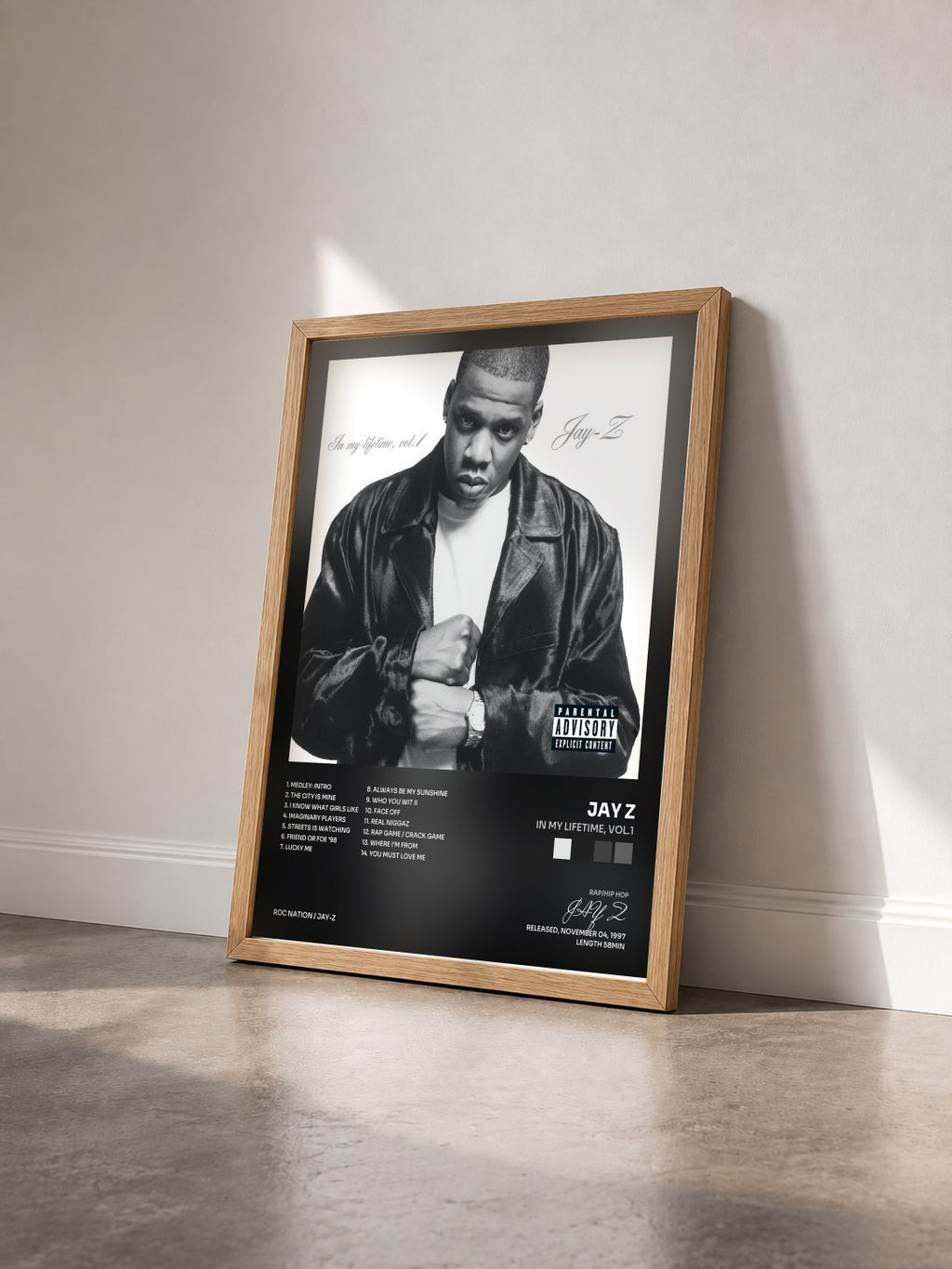 #bois Tableau de l'album In My Lifetime, Vol. 1 de JAY Z vu de trois quarts, cadre en bois brut