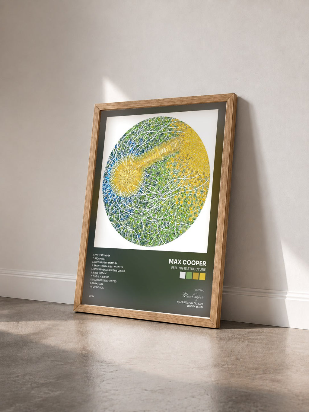 #bois Tableau de l'album Feeling Is Structure de Max Cooper vu de trois quarts, cadre en bois brut