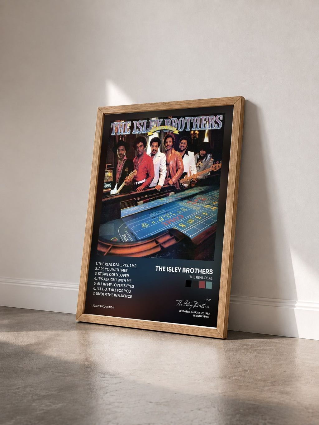 #bois Tableau de l'album The Real Deal de The Isley Brothers vu de trois quarts, cadre en bois brut
