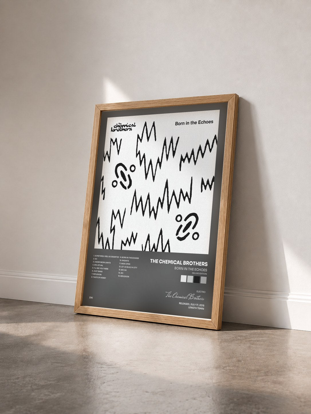 #bois Tableau de l'album Born In The Echoes (Deluxe Edition) de The Chemical Brothers vu de trois quarts, cadre en bois brut