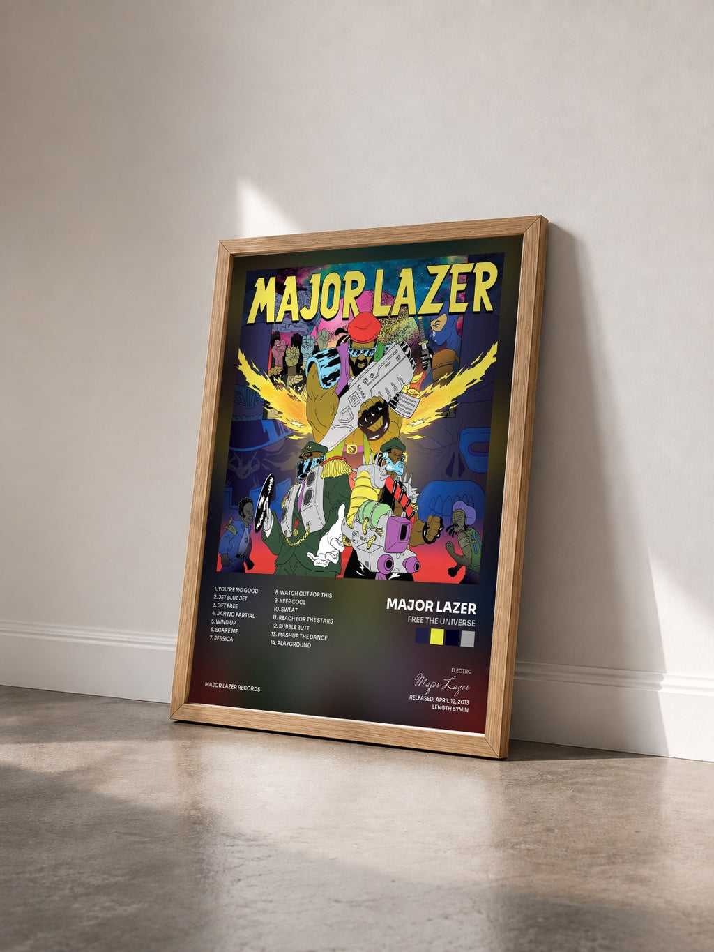#bois Tableau de l'album Free the Universe de Major Lazer vu de trois quarts, cadre en bois brut