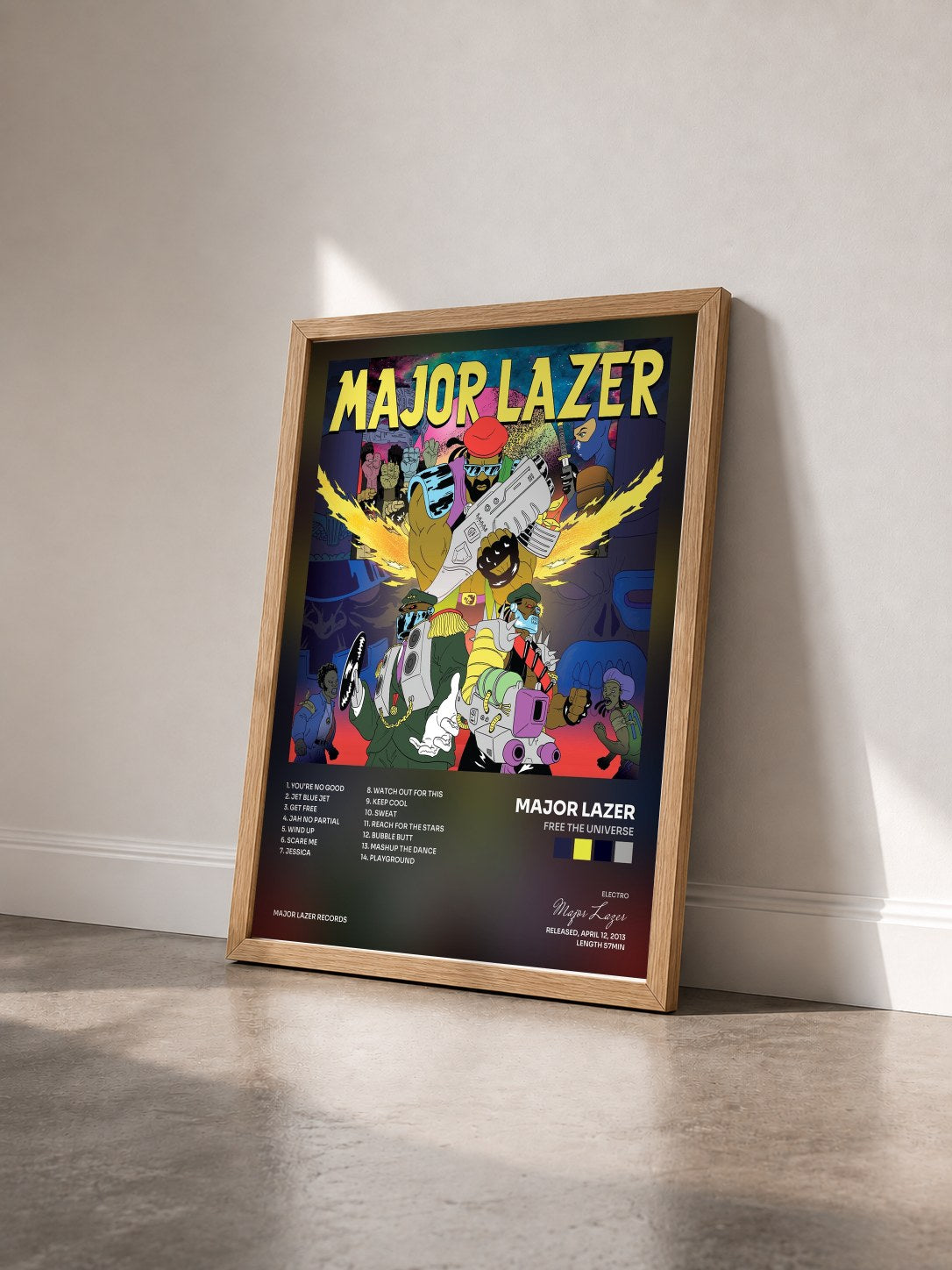 #bois Tableau de l'album Free the Universe de Major Lazer vu de trois quarts, cadre en bois brut