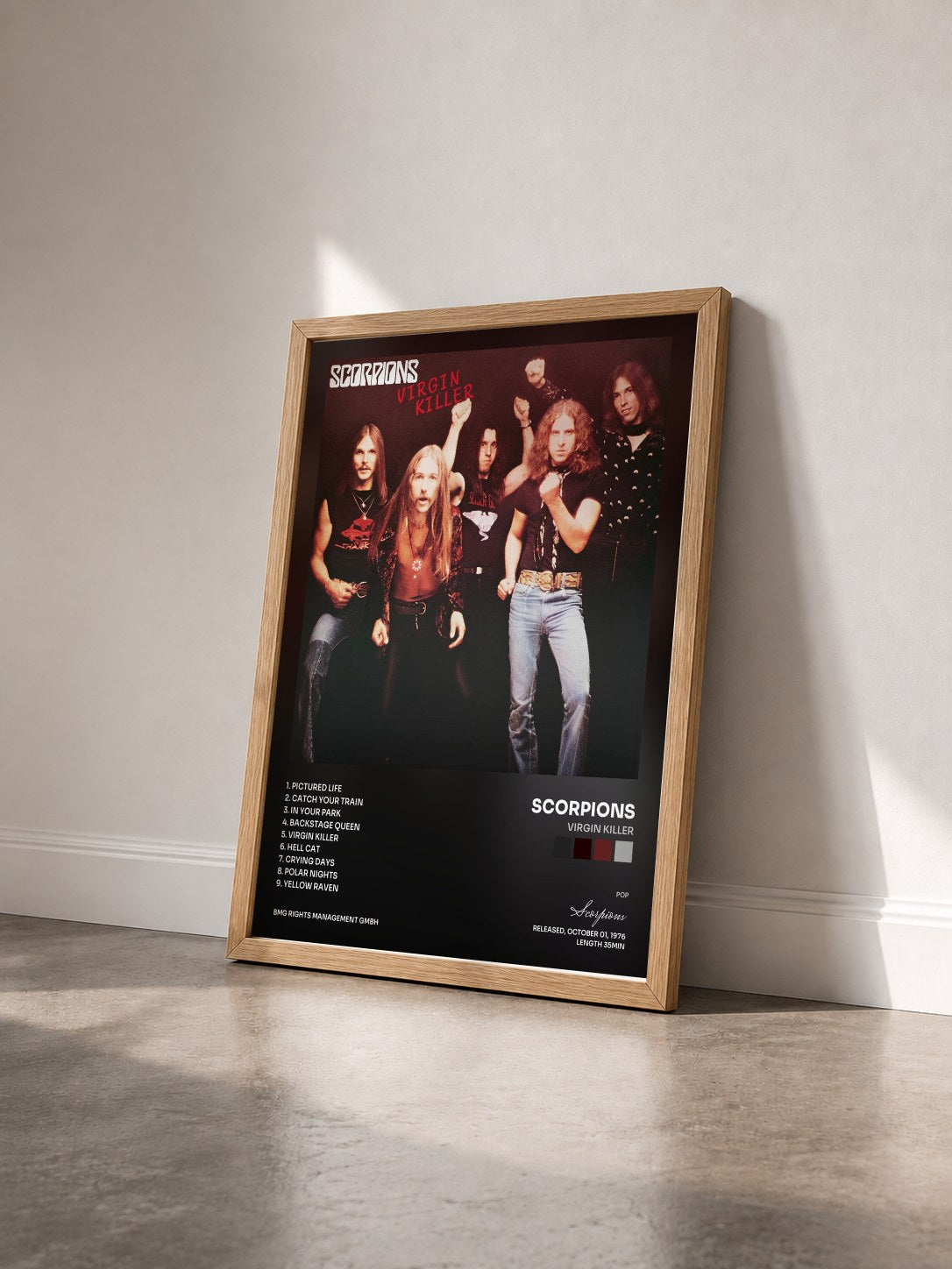 #bois Tableau de l'album Virgin Killer de Scorpions vu de trois quarts, cadre en bois brut