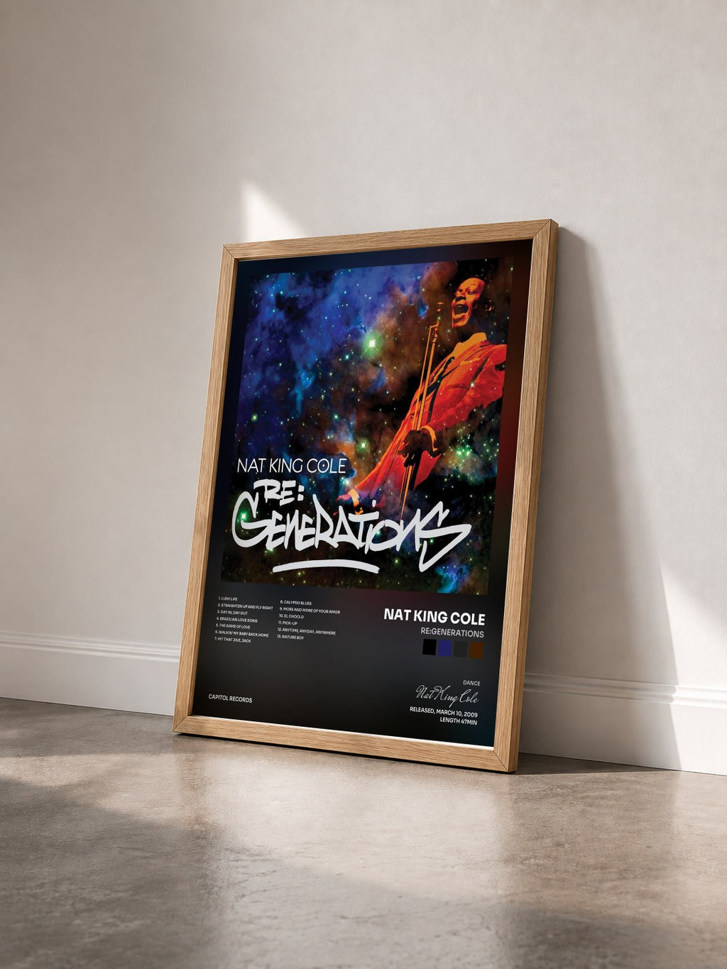 #bois Tableau de l'album Re:Generations de Nat King Cole vu de trois quarts, cadre en bois brut