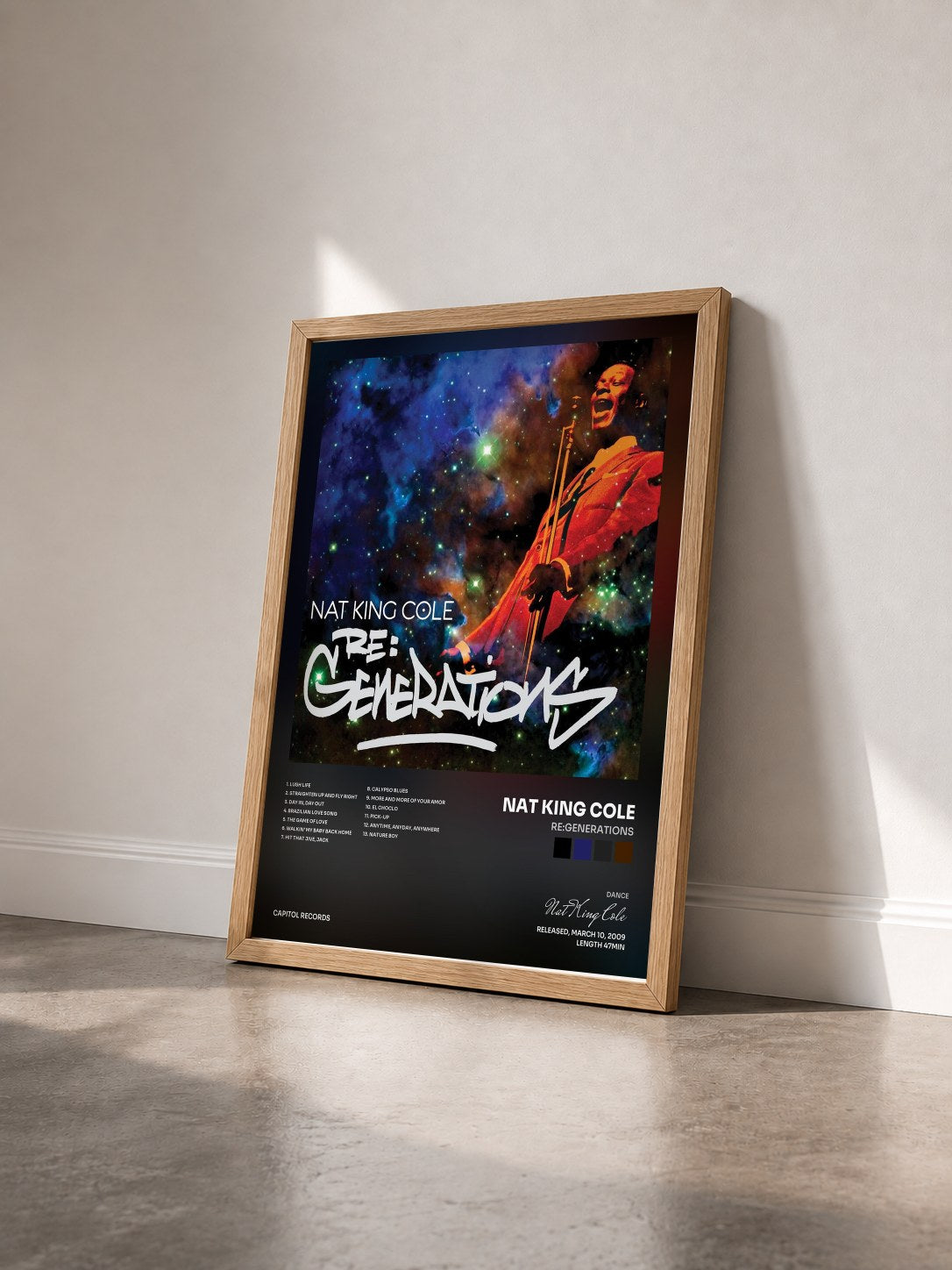 #bois Tableau de l'album Re:Generations de Nat King Cole vu de trois quarts, cadre en bois brut