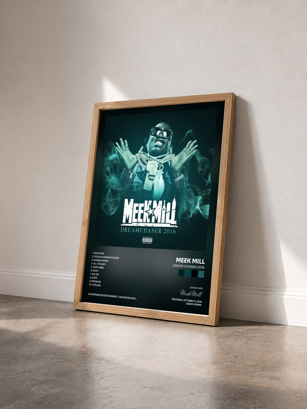 #bois Tableau de l'album Dream Chaser 2016 de Meek Mill vu de trois quarts, cadre en bois brut