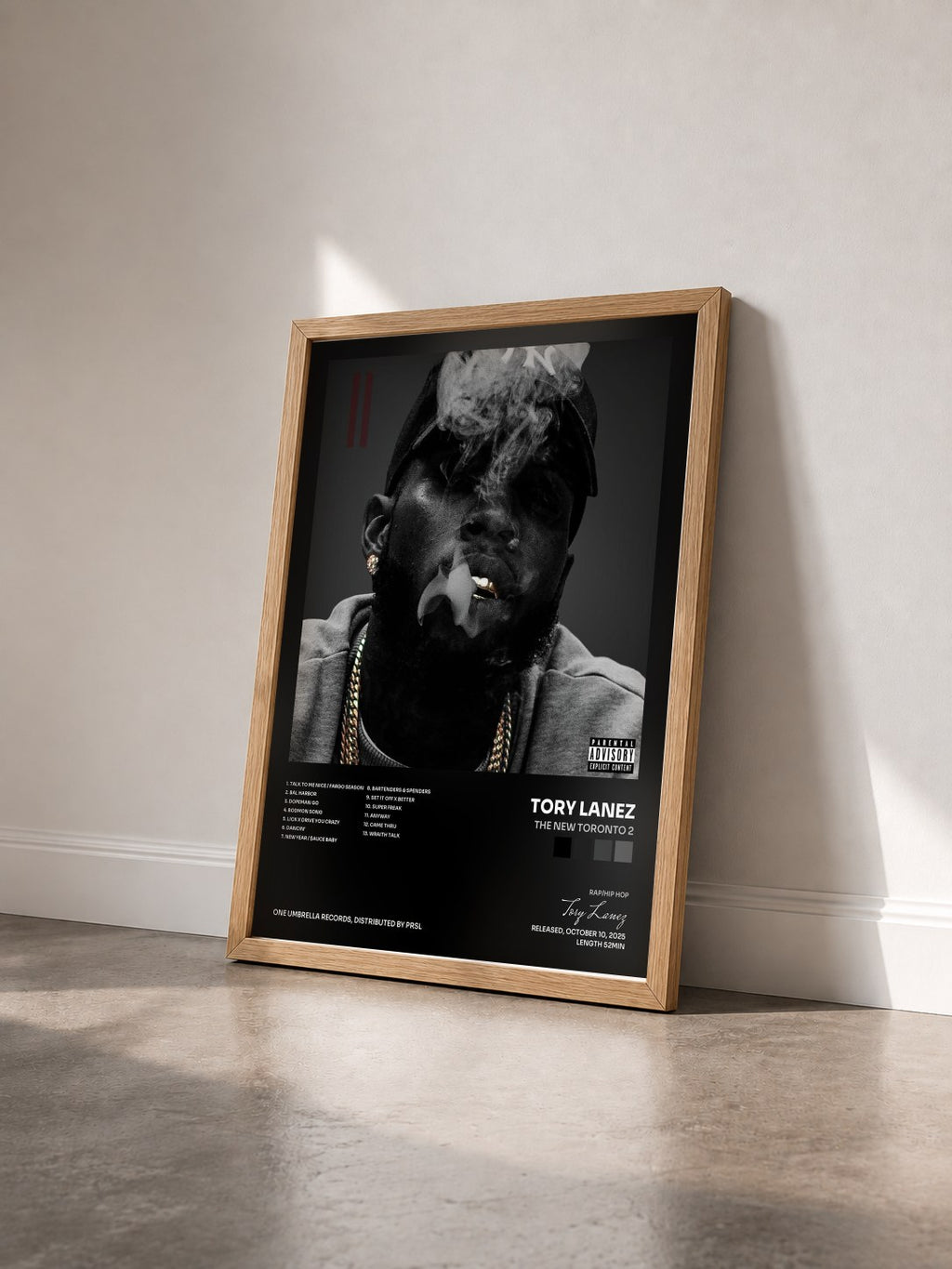#bois Tableau de l'album The New Toronto 2 de Tory Lanez vu de trois quarts, cadre en bois brut