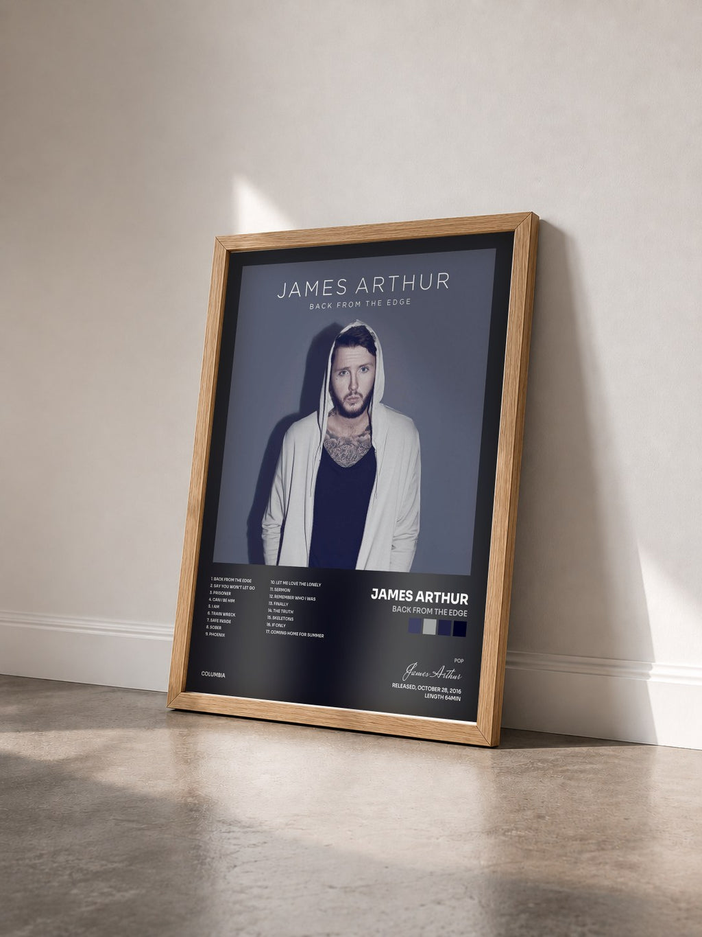 #bois Tableau de l'album Back from the Edge de James Arthur vu de trois quarts, cadre en bois brut