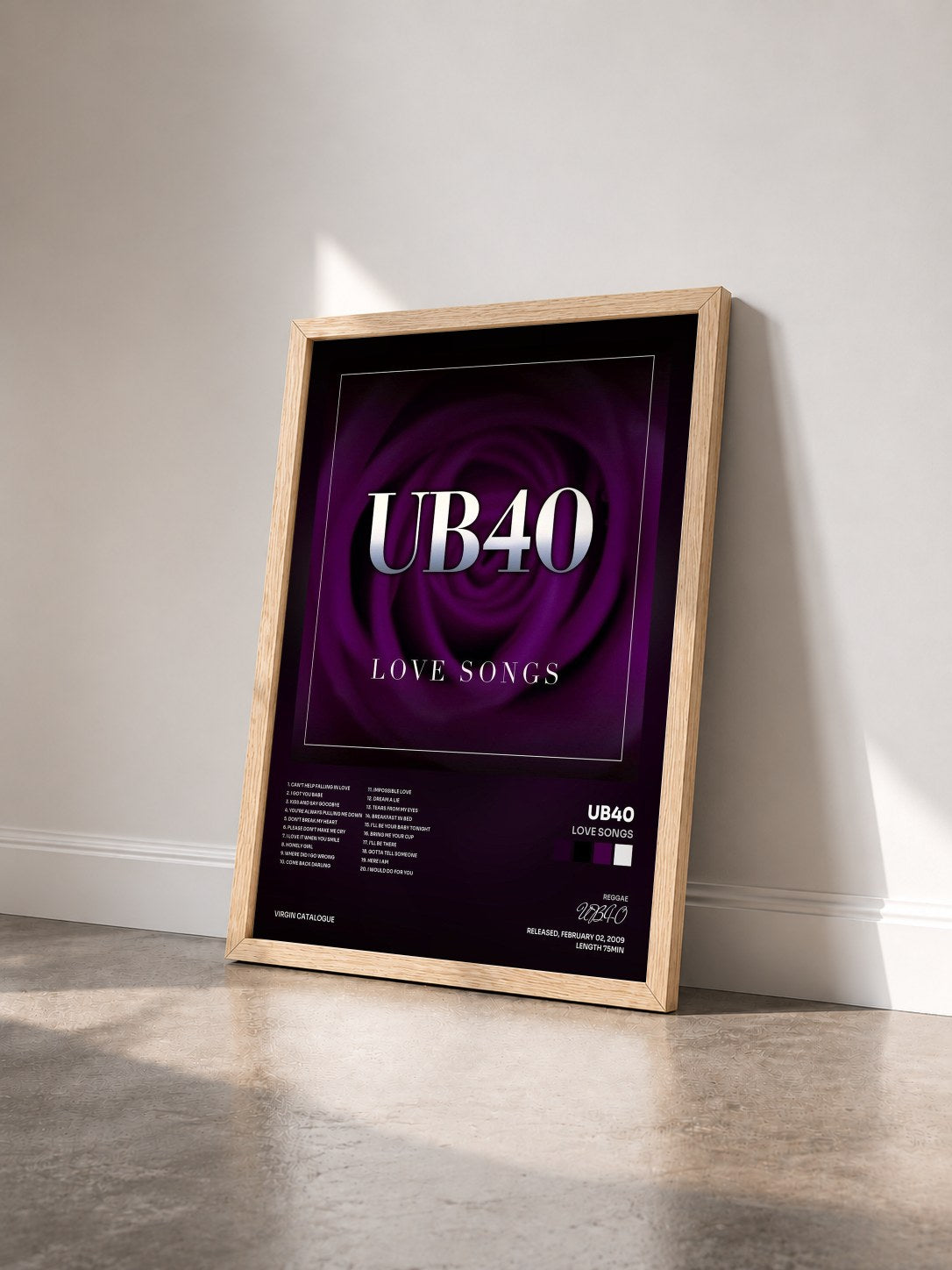 #bois Tableau de l'album Love Songs de UB40 vu de trois quarts, cadre en bois brut