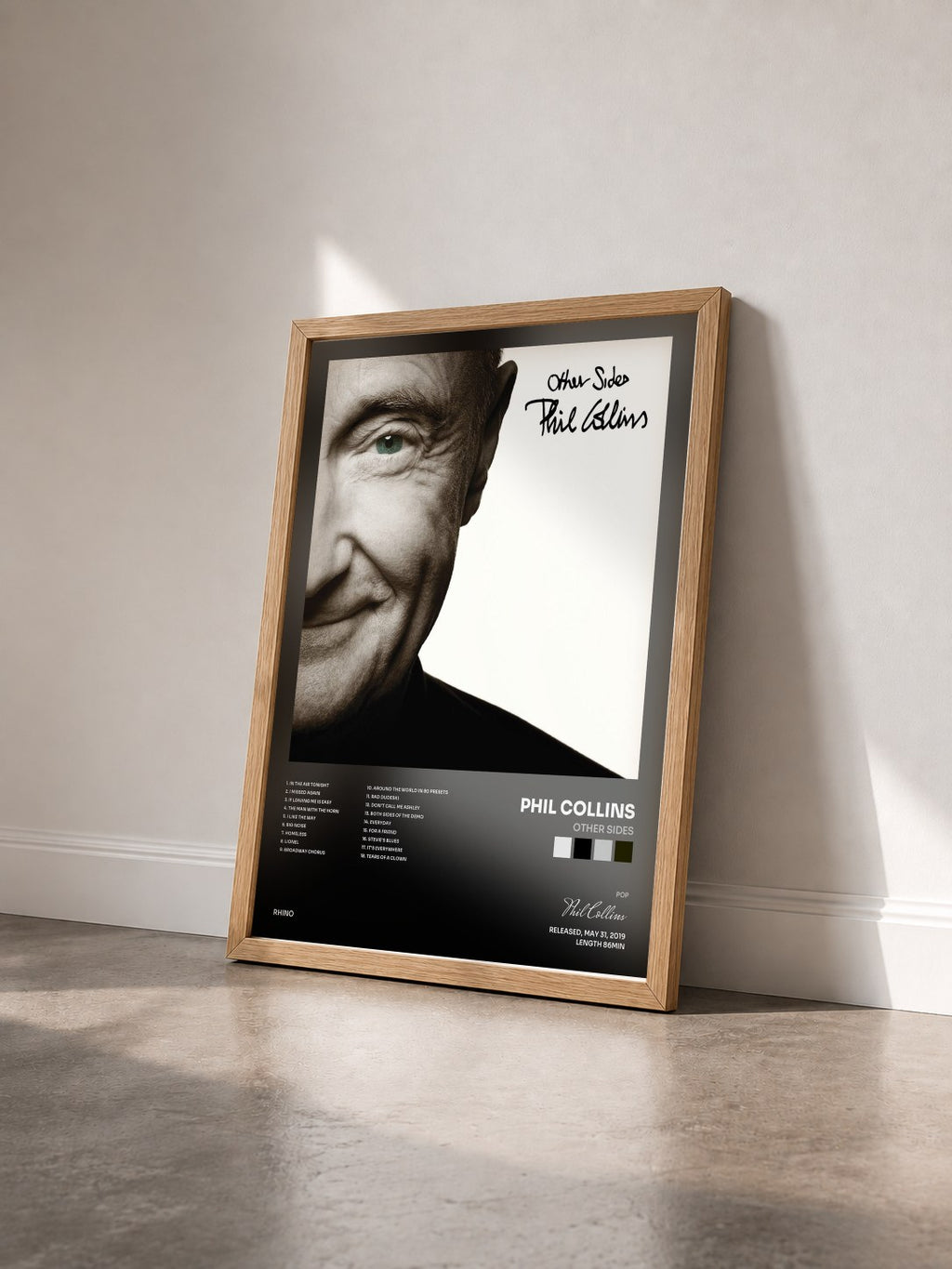 #bois Tableau de l'album Other Sides de Phil Collins vu de trois quarts, cadre en bois brut