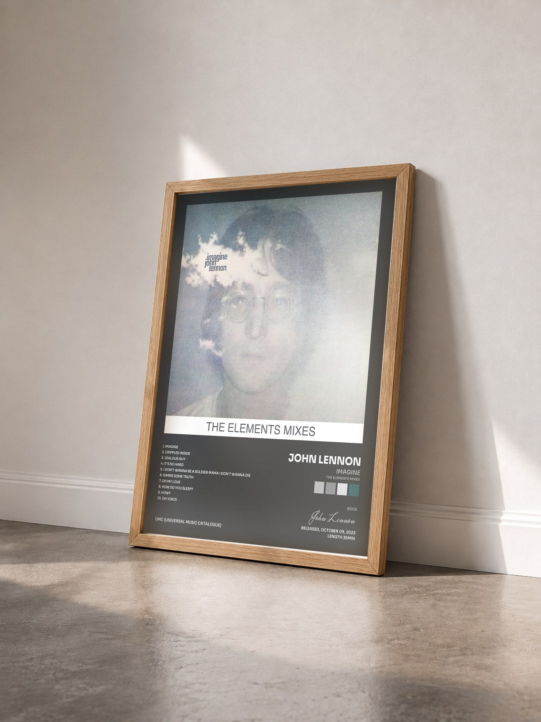 #bois Tableau de l'album Imagine (The Elements Mixes) de John Lennon vu de trois quarts, cadre en bois brut