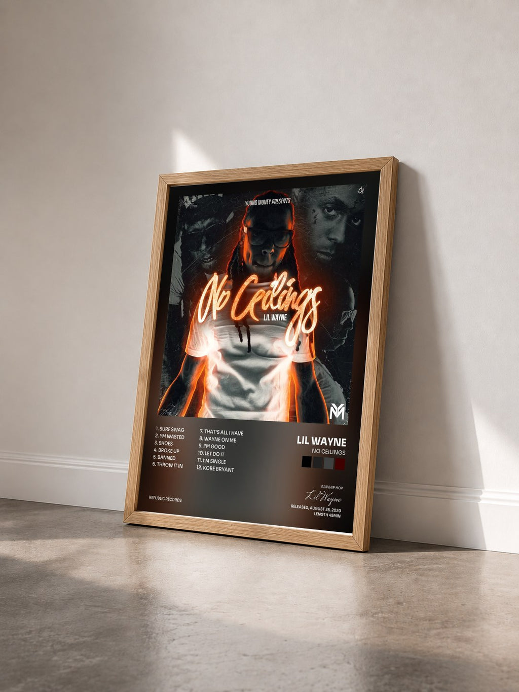 #bois Tableau de l'album No Ceilings de Lil Wayne vu de trois quarts, cadre en bois brut