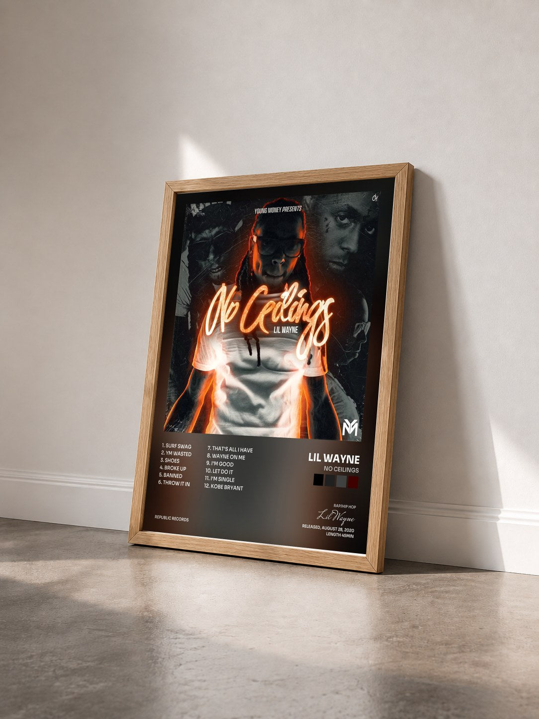 #bois Tableau de l'album No Ceilings de Lil Wayne vu de trois quarts, cadre en bois brut