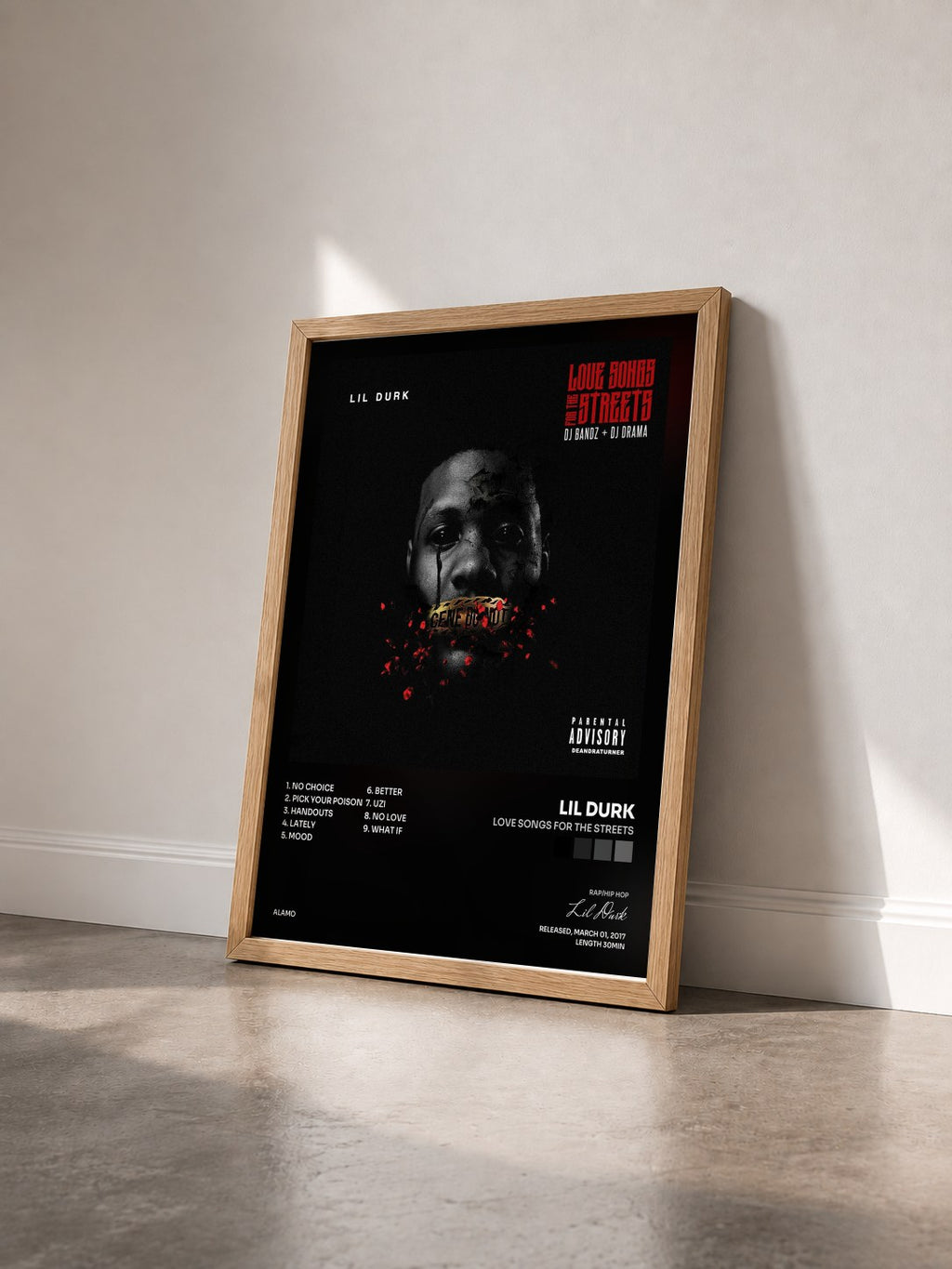 #bois Tableau de l'album Love Songs for the Streets de Lil Durk vu de trois quarts, cadre en bois brut