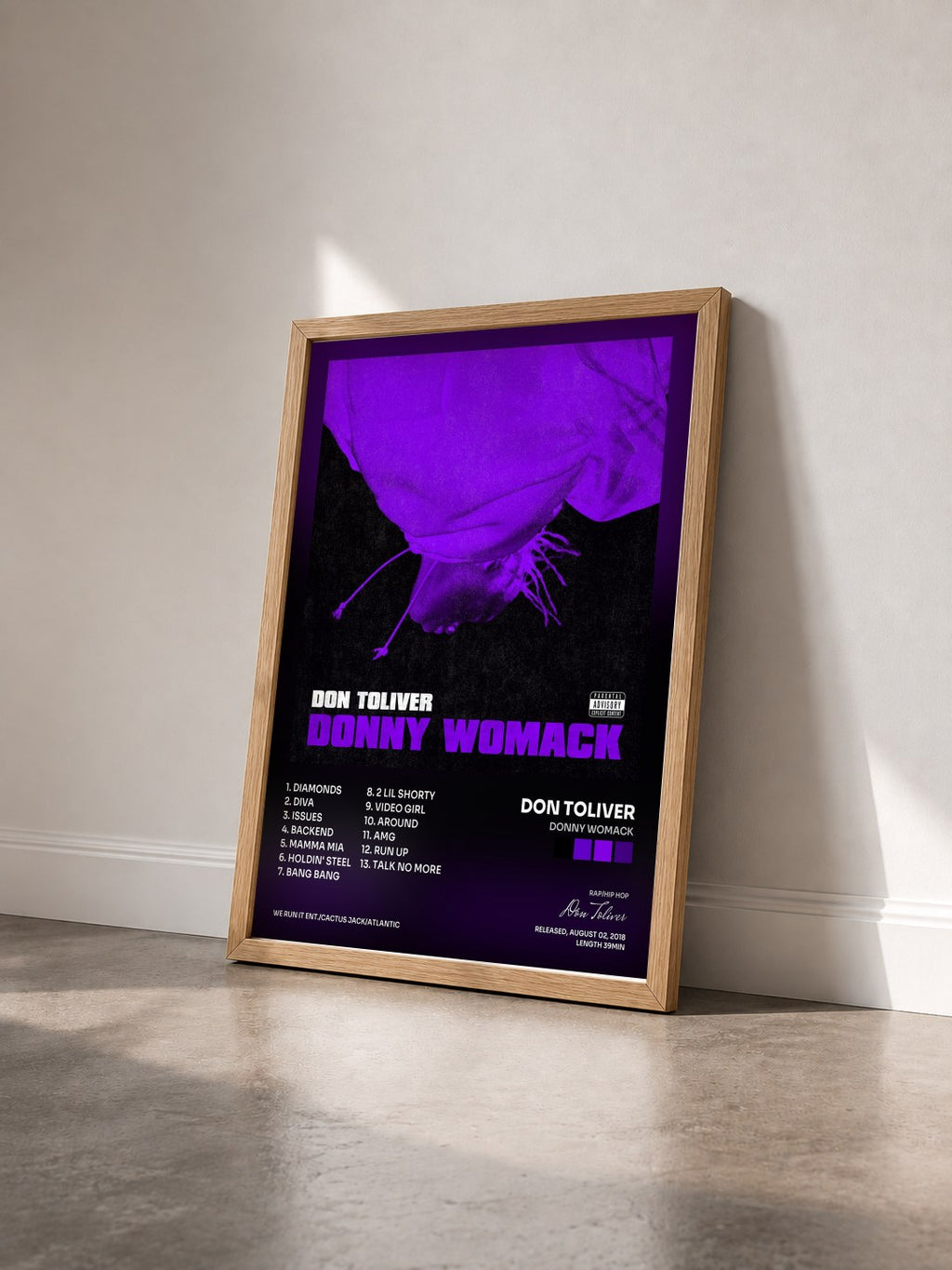 #bois Tableau de l'album Donny Womack de Don Toliver vu de trois quarts, cadre en bois brut