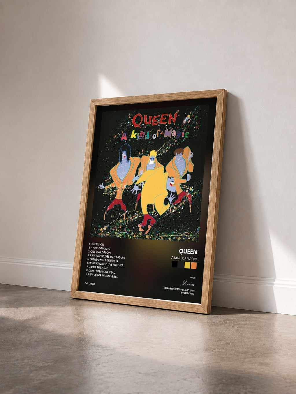#bois Tableau de l'album A Kind Of Magic de Queen vu de trois quarts, cadre en bois brut