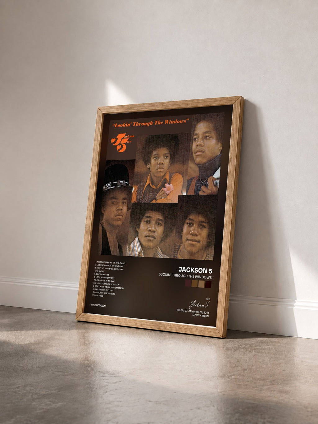 #bois Tableau de l'album Lookin' Through The Windows de Jackson 5 vu de trois quarts, cadre en bois brut