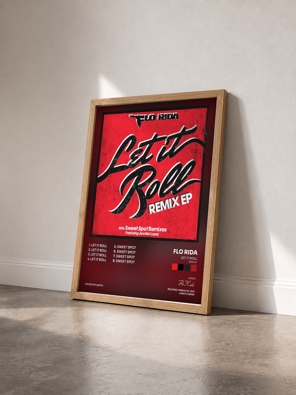 #bois Tableau de l'album Let It Roll (Remix EP) de Flo Rida vu de trois quarts, cadre en bois brut