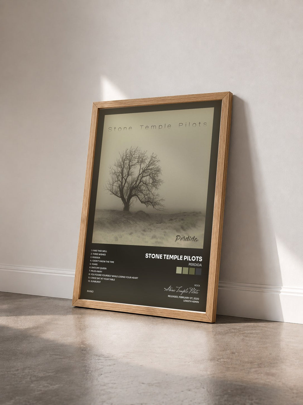 #bois Tableau de l'album Perdida de Stone Temple Pilots vu de trois quarts, cadre en bois brut