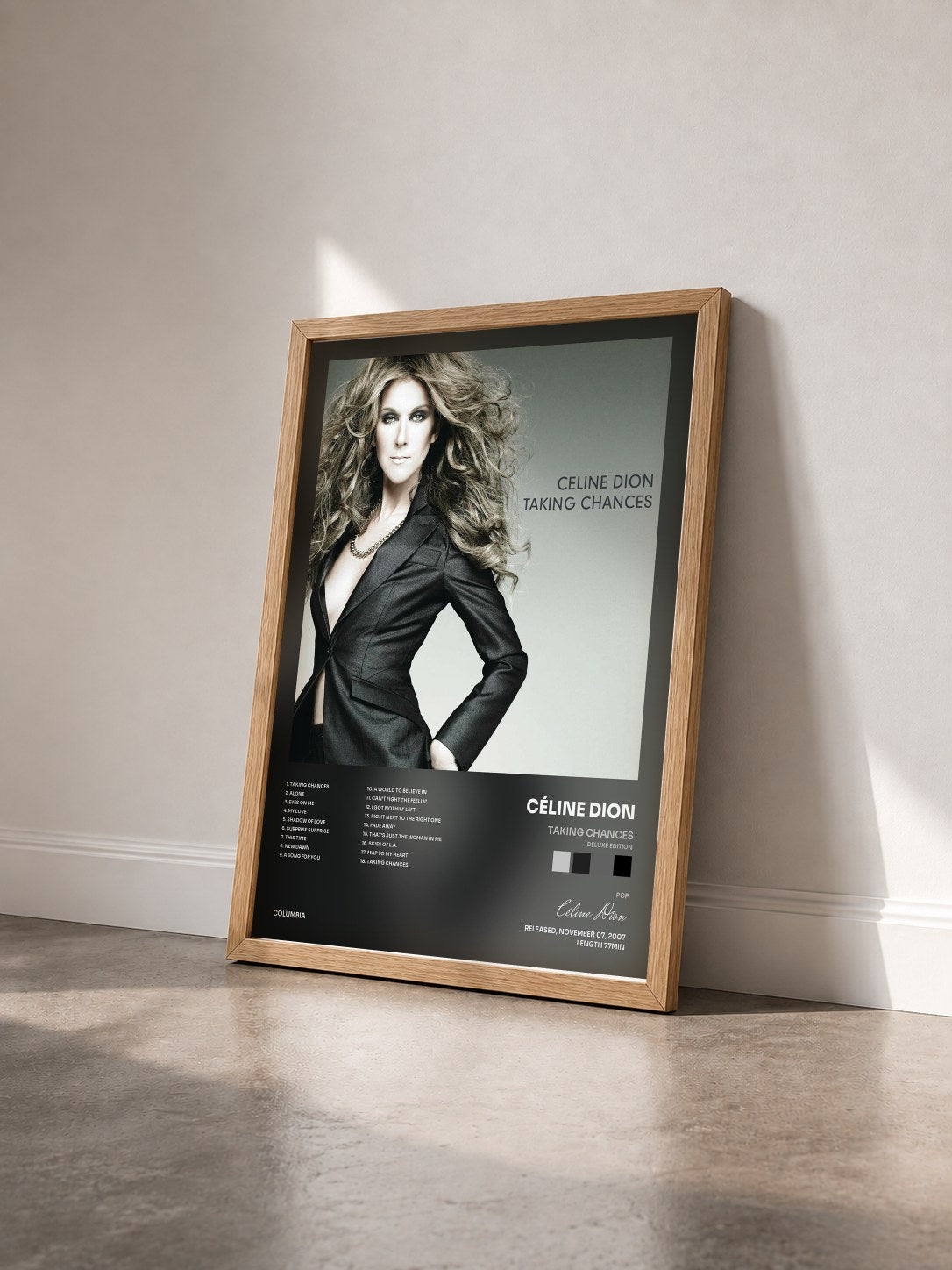 #bois Tableau de l'album Taking Chances (Deluxe Edition) de Céline Dion vu de trois quarts, cadre en bois brut