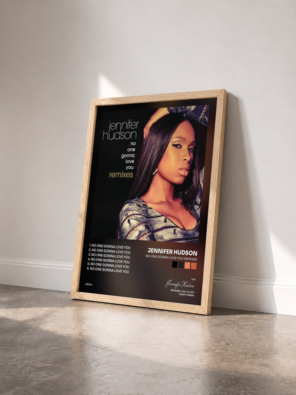 #bois Tableau de l'album No One Gonna Love You Remixes de Jennifer Hudson vu de trois quarts, cadre en bois brut
