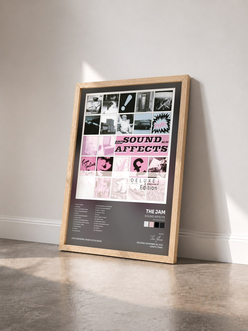 #bois Tableau de l'album Sound Affects (Deluxe Edition) de The Jam vu de trois quarts, cadre en bois brut