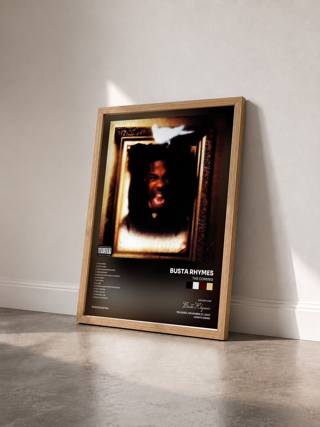 #bois Tableau de l'album The Coming de Busta Rhymes vu de trois quarts, cadre en bois brut