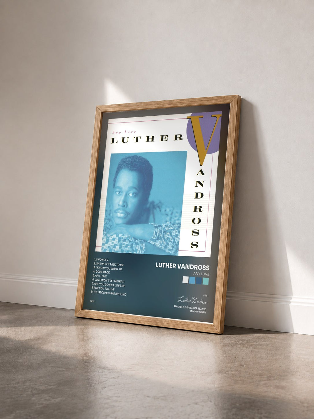 #bois Tableau de l'album Any Love de Luther Vandross vu de trois quarts, cadre en bois brut