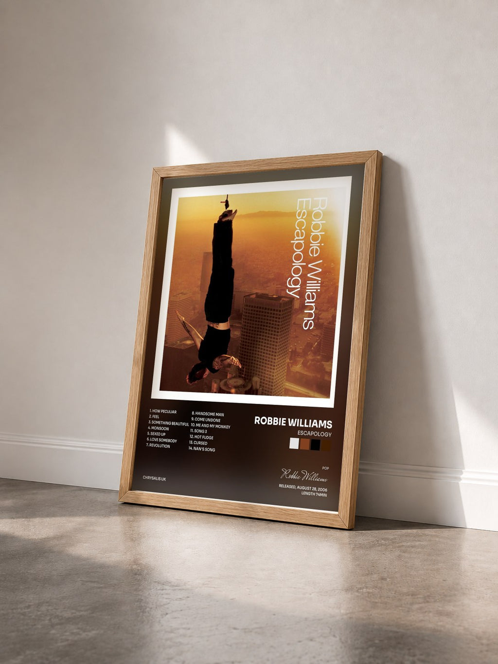 #bois Tableau de l'album Escapology de Robbie Williams vu de trois quarts, cadre en bois brut
