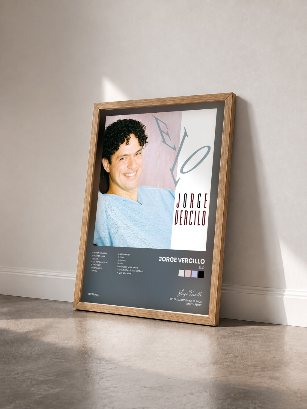 #bois Tableau de l'album Elo de Jorge Vercillo vu de trois quarts, cadre en bois brut