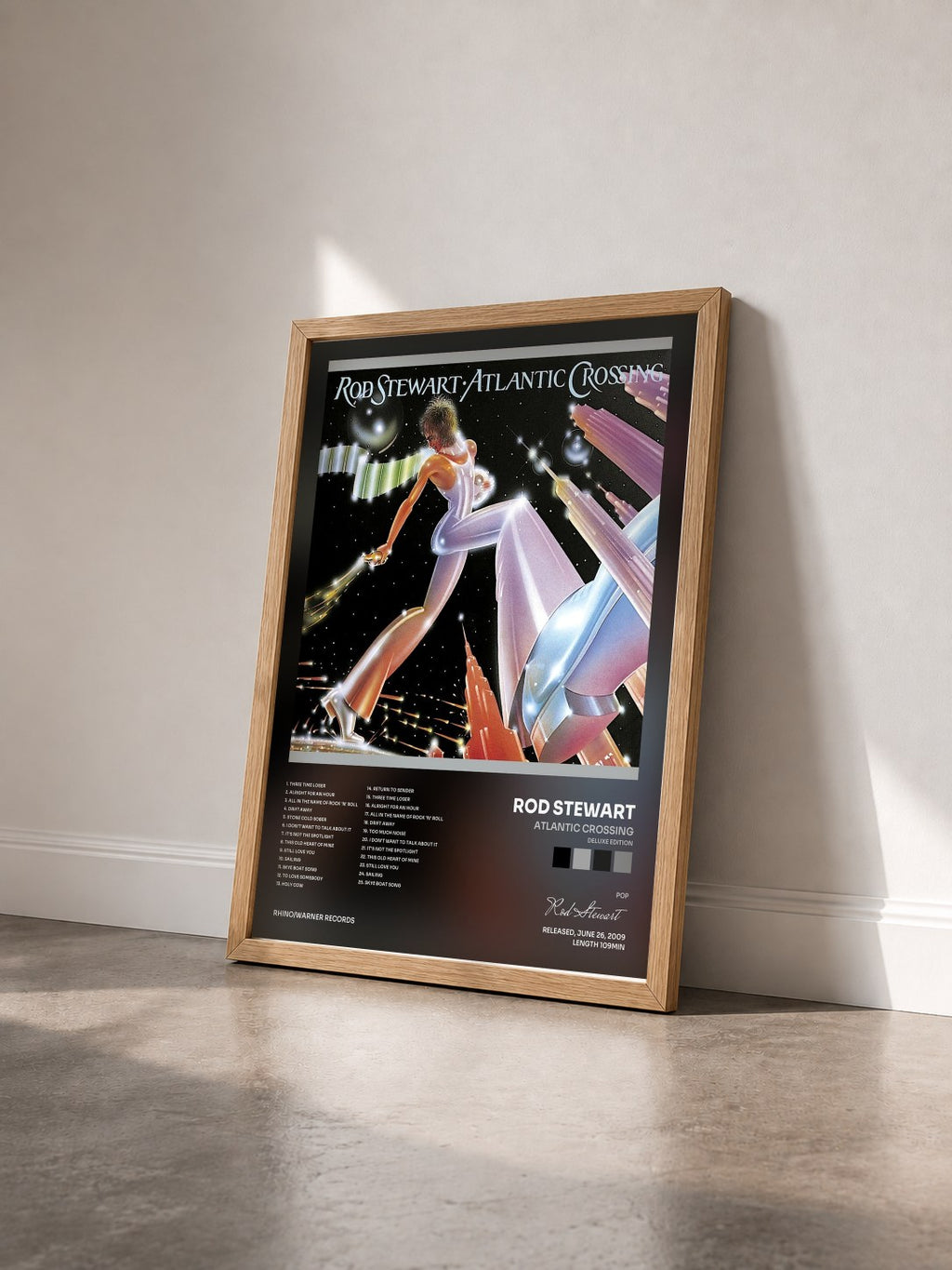 #bois Tableau de l'album Atlantic Crossing (Deluxe Edition) de Rod Stewart vu de trois quarts, cadre en bois brut