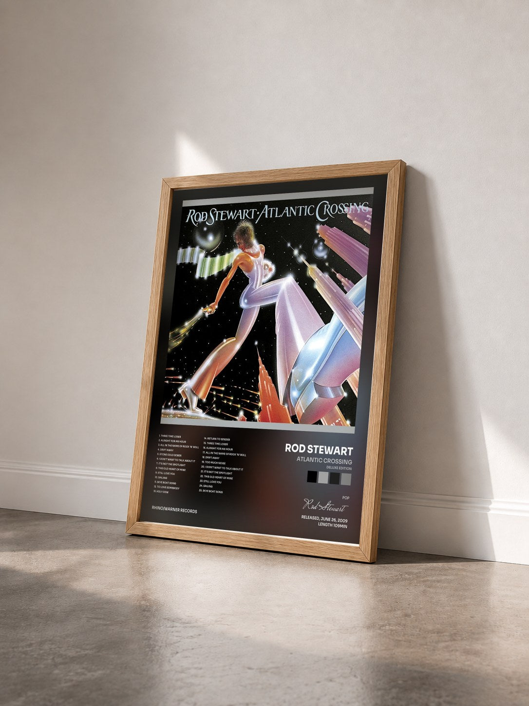 #bois Tableau de l'album Atlantic Crossing (Deluxe Edition) de Rod Stewart vu de trois quarts, cadre en bois brut