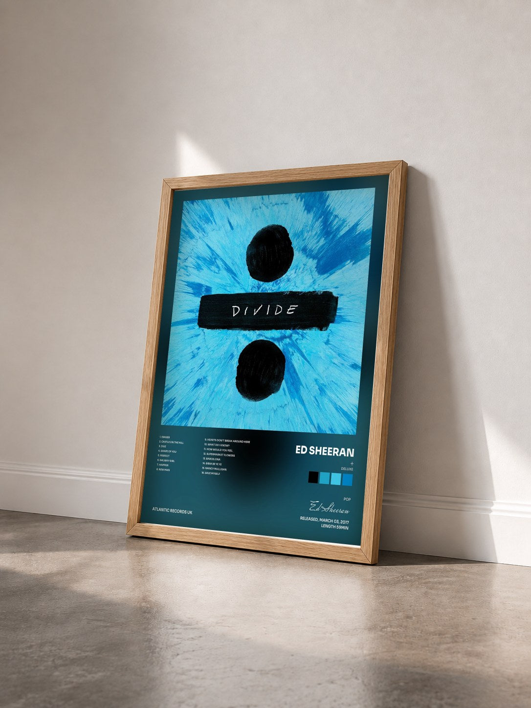 #bois Tableau de l'album ÷ (Deluxe) de Ed Sheeran vu de trois quarts, cadre en bois brut