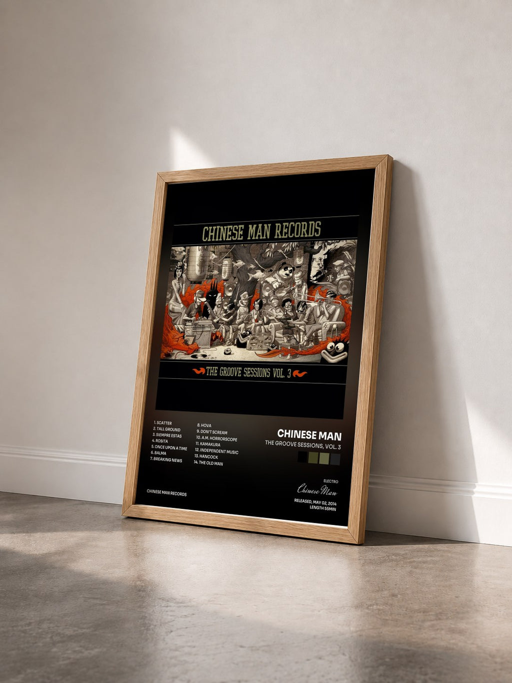#bois Tableau de l'album The Groove Sessions, Vol. 3 de Chinese Man vu de trois quarts, cadre en bois brut