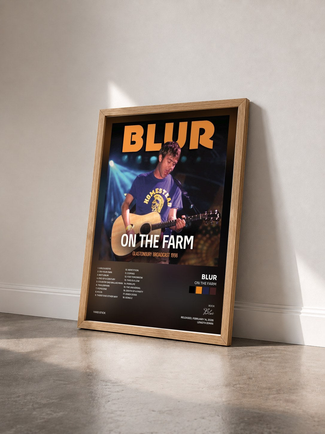 #bois Tableau de l'album On The Farm de Blur vu de trois quarts, cadre en bois brut