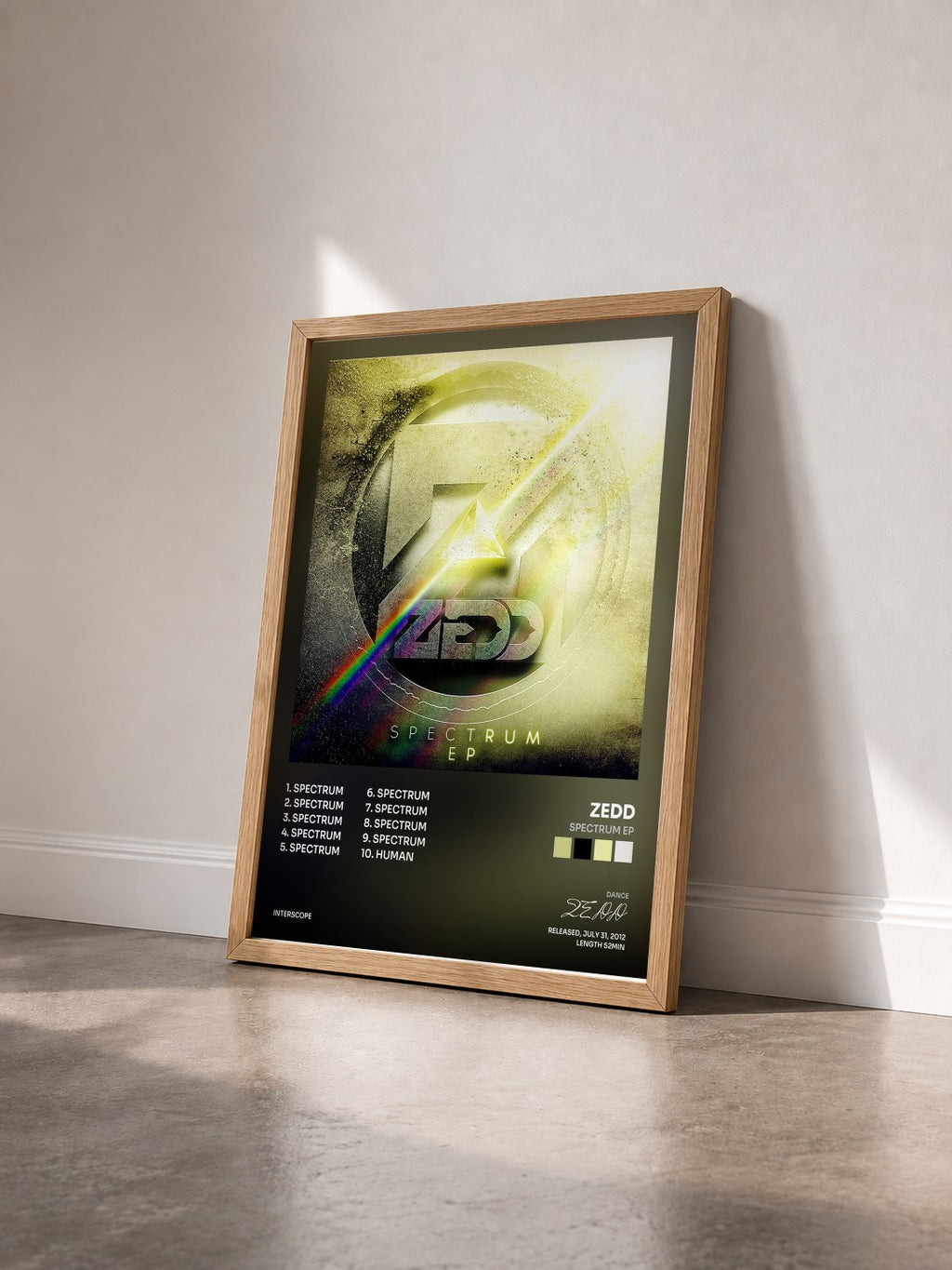 #bois Tableau de l'album Spectrum EP de ZEDD vu de trois quarts, cadre en bois brut