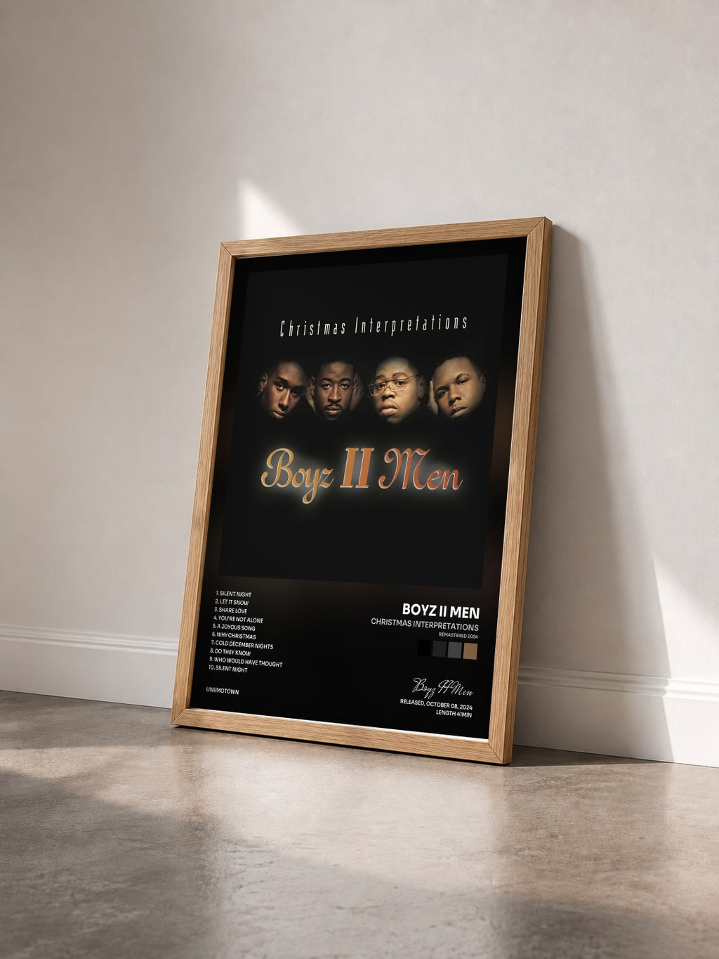 #bois Tableau de l'album Christmas Interpretations (Remastered 2024) de Boyz II Men vu de trois quarts, cadre en bois brut