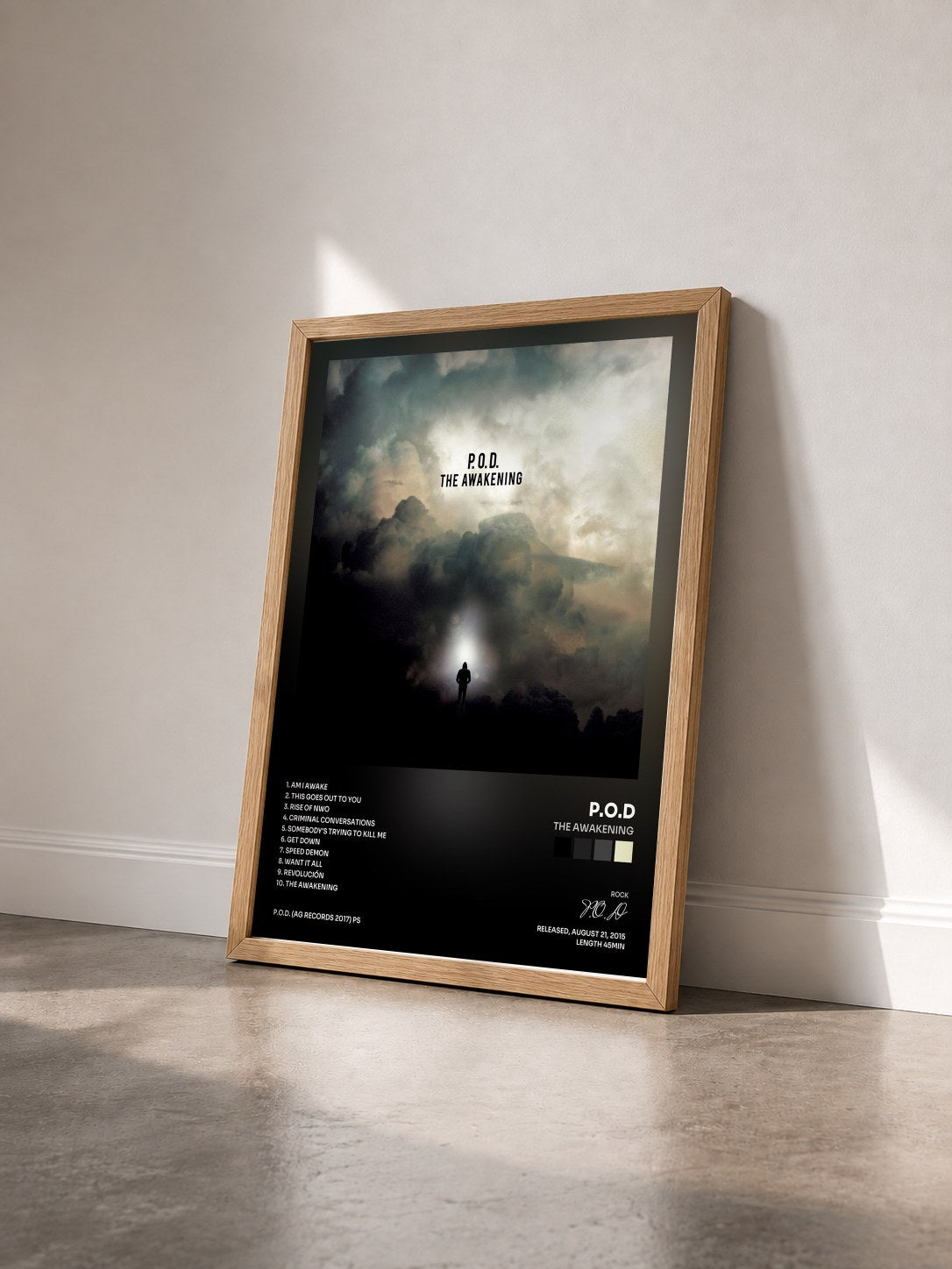 #bois Tableau de l'album The Awakening de P.O.D vu de trois quarts, cadre en bois brut