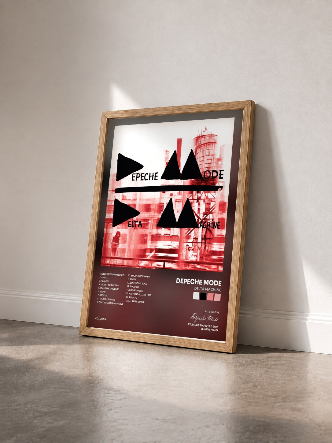 #bois Tableau de l'album Delta Machine de Depeche Mode vu de trois quarts, cadre en bois brut