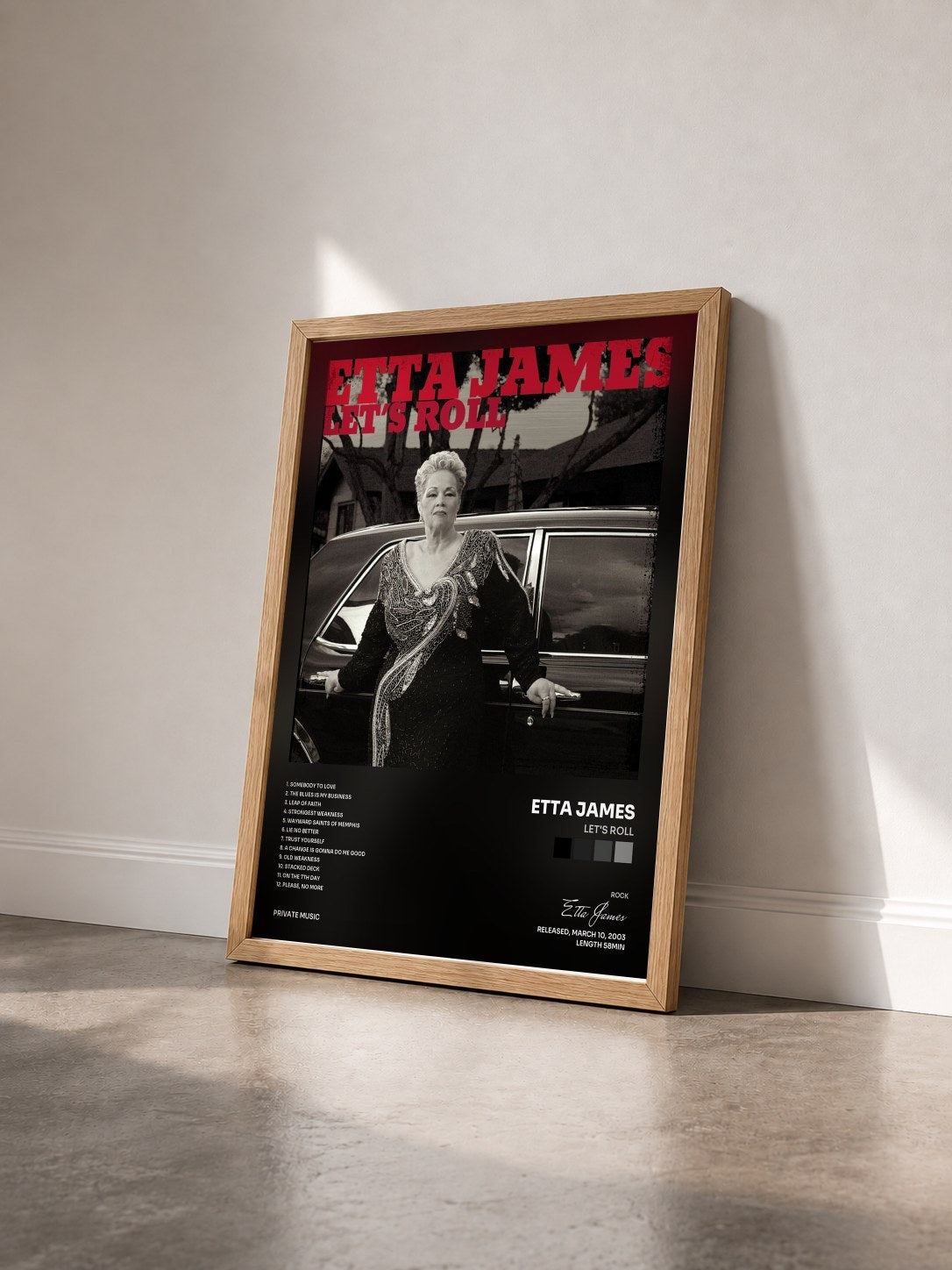 #bois Tableau de l'album Let's Roll de Etta James vu de trois quarts, cadre en bois brut