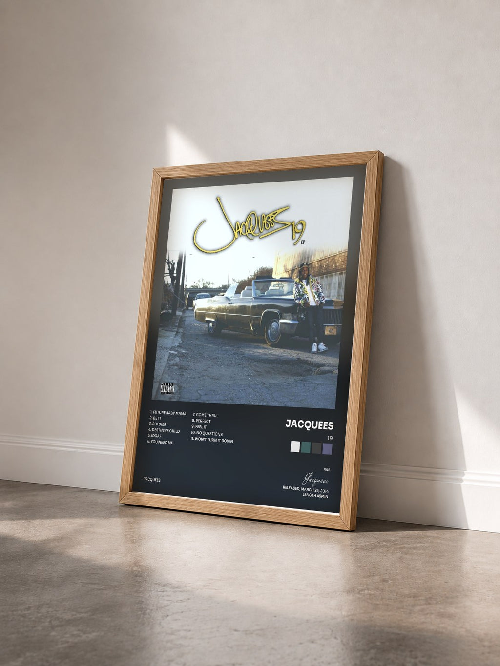 #bois Tableau de l'album 19 de Jacquees vu de trois quarts, cadre en bois brut