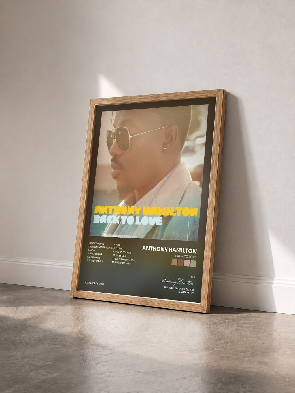 #bois Tableau de l'album Back To Love de Anthony Hamilton vu de trois quarts, cadre en bois brut