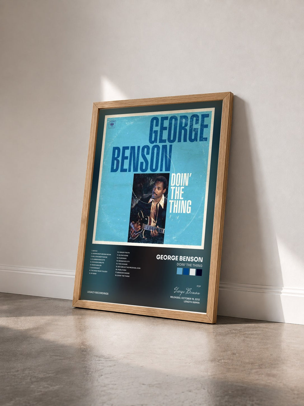 #bois Tableau de l'album Doin' The Thing de George Benson vu de trois quarts, cadre en bois brut