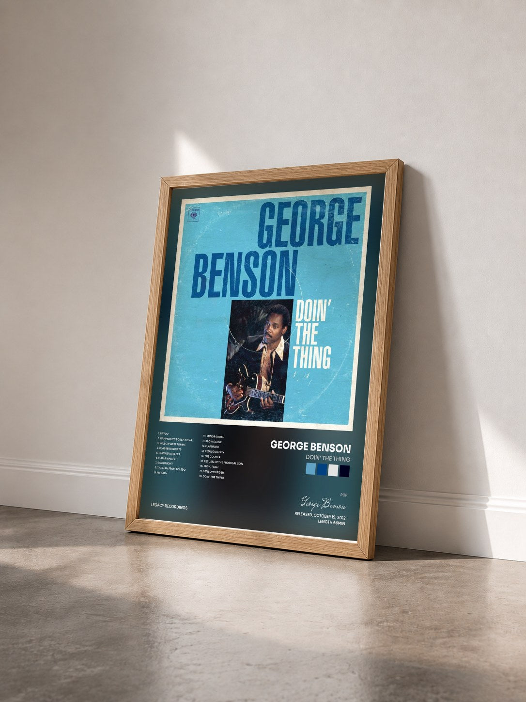 #bois Tableau de l'album Doin' The Thing de George Benson vu de trois quarts, cadre en bois brut