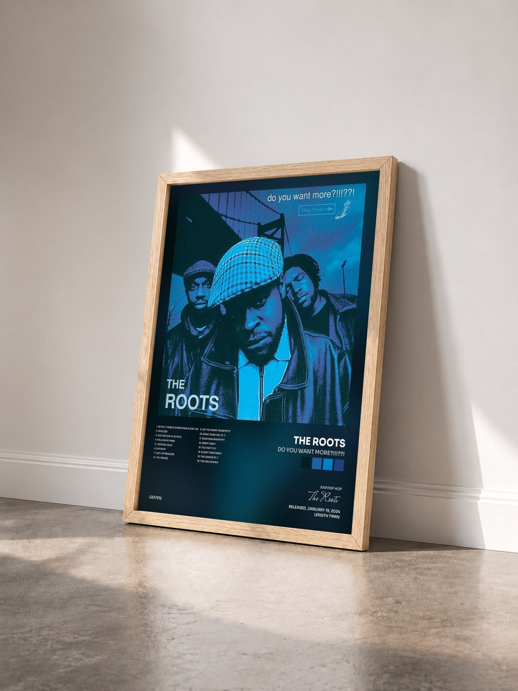 #bois Tableau de l'album Do You Want More?!!!??! de The Roots vu de trois quarts, cadre en bois brut